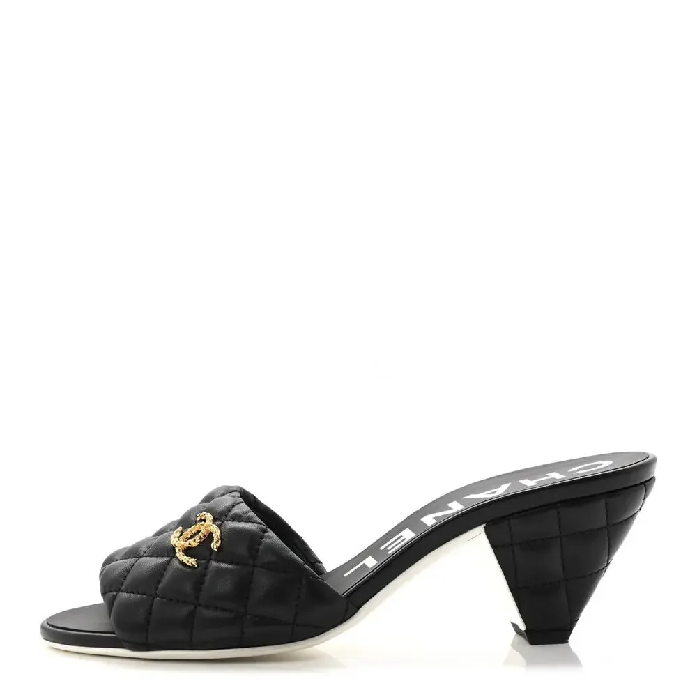 Chanel Lambskin Quilted Textured CC Cone Heel Mule Sandals Black EU 37.5